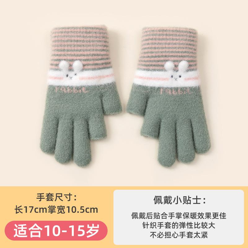 Cute rabbit stripes leak two fingers student writing thickened warm winter knitted wool gloves girl
