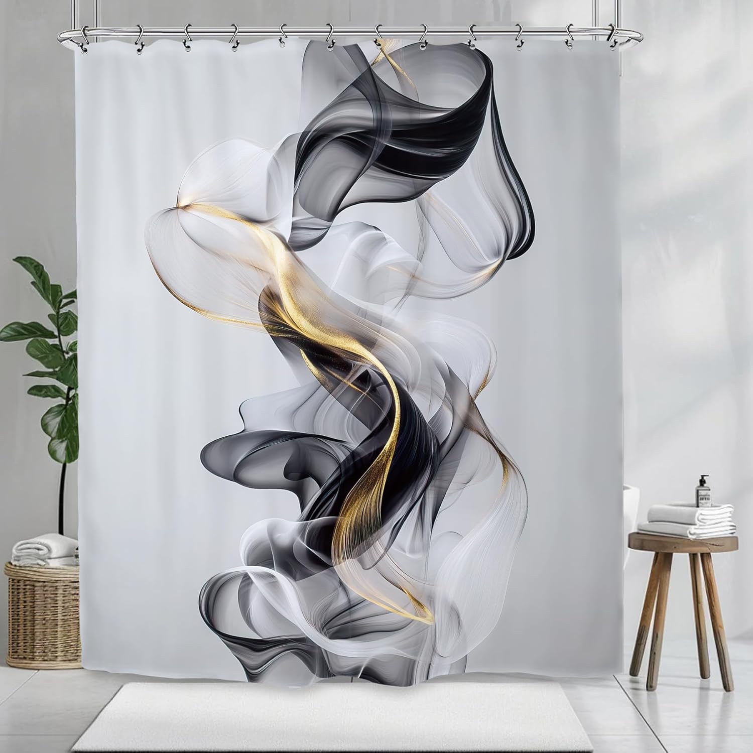 

Abstract Black Gold Smoke Pattern Waterproof Shower Curtain 180X200Cm - Modern Luxury Bath Curtain For Living Room Decor W60H190(CM)-1 Pcs