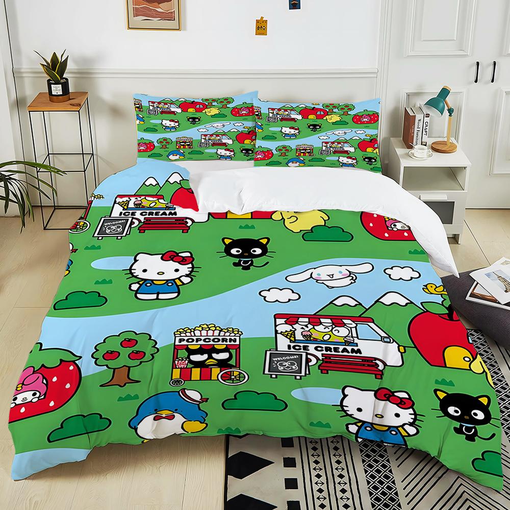 Cute Sanrio Friends Print Bedding Sets Hello Kitty Melody Cinnamoroll Bed Cover Duvet Cover Pillow Case 2-3 Pieces Sets