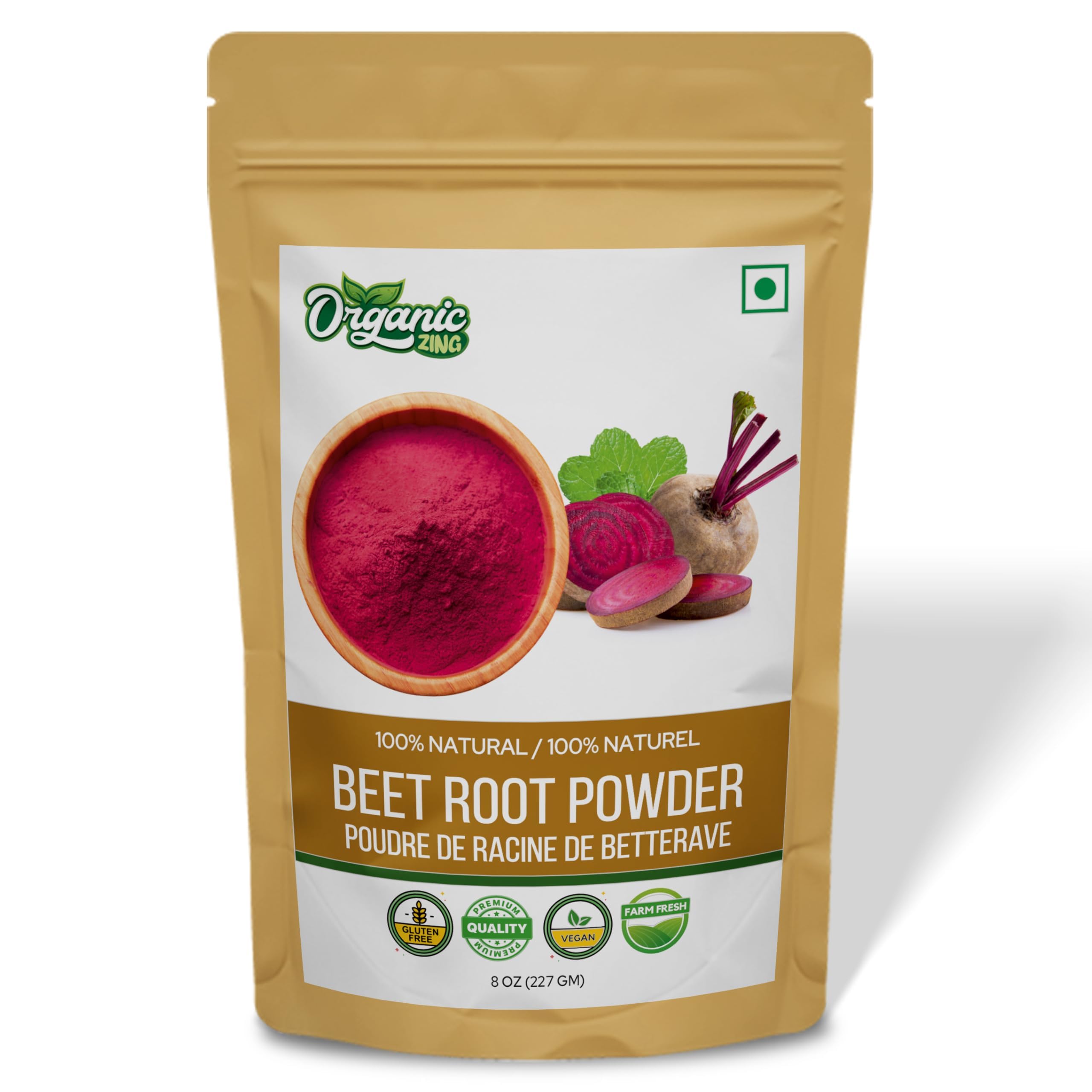 Organic Zing Organic Beetroot Powder - USDA Organic Certified / Vegan / Preservative Free / Product of India - 227gm Resalable Pack (Pack of 1)