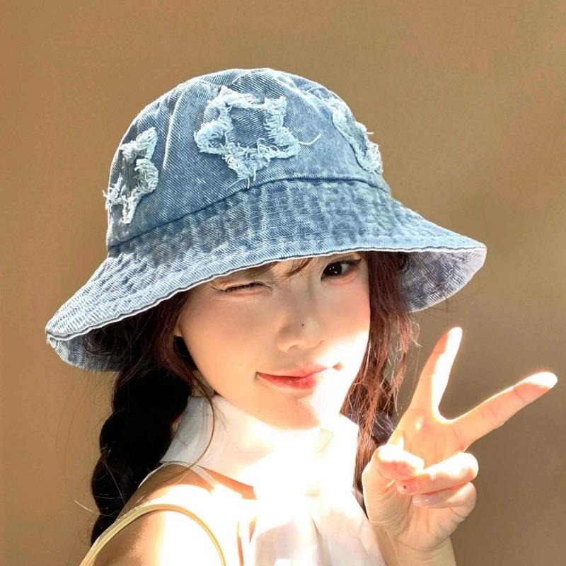 Autumn Washed Old Denim Hat Women's Bucket Hat Washbasin Hat Pentagram Versatile Bucket Hat