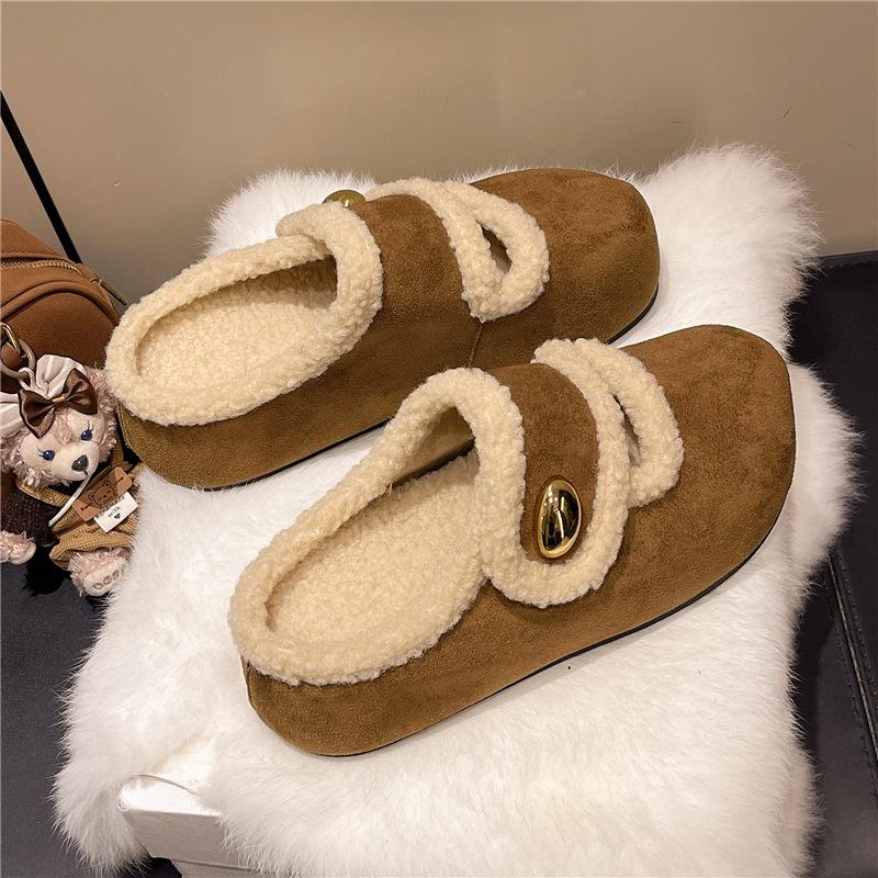 Retro thick-bottomed fluffy slippers for women's outer wear 2025 new winter velvet warm bag head half-drag one-pedal cotton drag