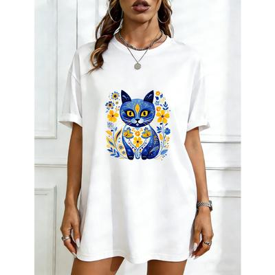 Oversized T Shirt Black Cat Floral Pattern Print Casual Wear For Women Summer Outfit Streetwear Fashion Statement Top