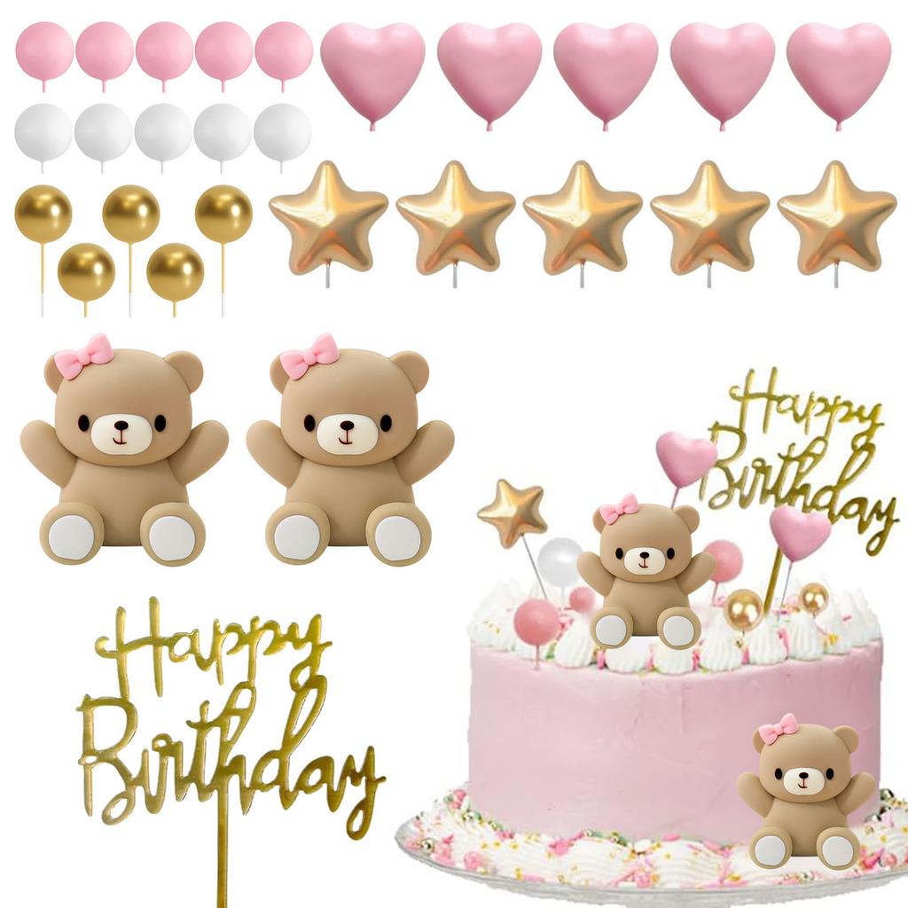 28PCS Blue Bear Blue Love Silver Stars Gender Reveal Cake Toppers Birthday Party Supplies with Silver Blue White Pearl Ball