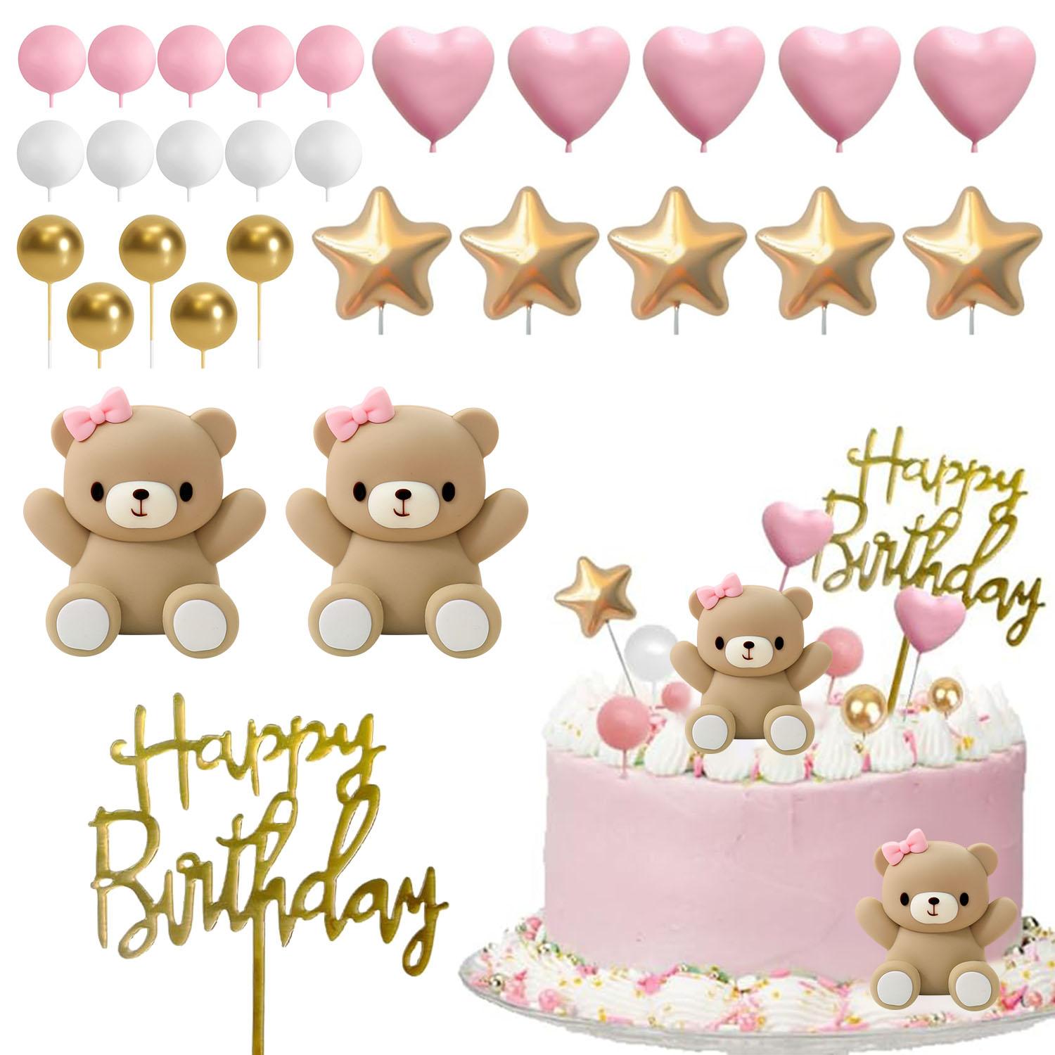 

28PCS Blue Bear Blue Love Silver Stars Gender Reveal Cake Toppers Birthday Party Supplies with Silver Blue White Pearl Ball