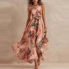 Summer New European and American Women's Clothing Digital Printing Temperament Elegant Slanted Shoulder Sleeveless Dress