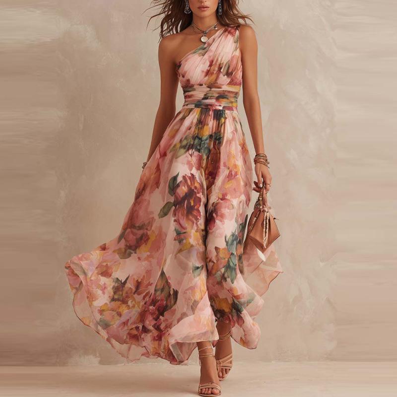 2026 Summer New European and American Cross-border Women's Clothing Digital Printing Temperament Elegant Slanted Shoulder Sleeveless Dress