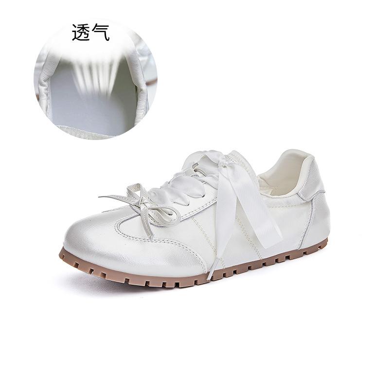 Leather German Training Shoes 2025 Summer New Flat-bottomed Sports Bow Ballet Women's Shoes Casual Versatile White Shoes Women
