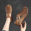 Johnature Hollow-out Knitted Breathable Sandals Women Retro Genuine Leather Comfortable Thick Heeled Shoes