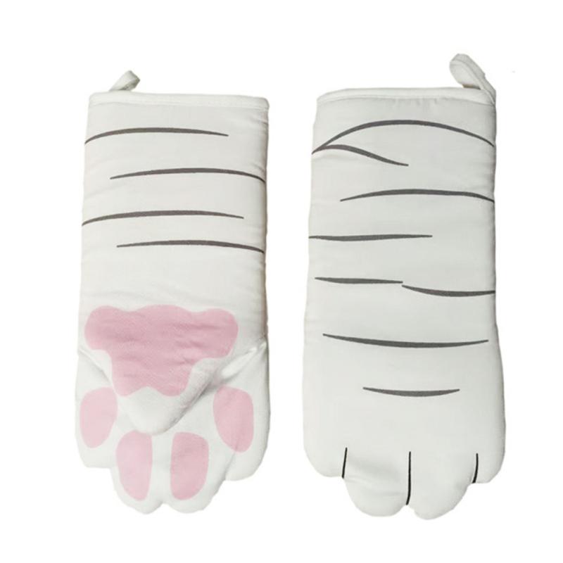 1PC Cute Cartoon Cat Paws Heat Resistant Oven Mitts Long Cotton Baking Insulation Microwave Non-slip Gloves Animal Design