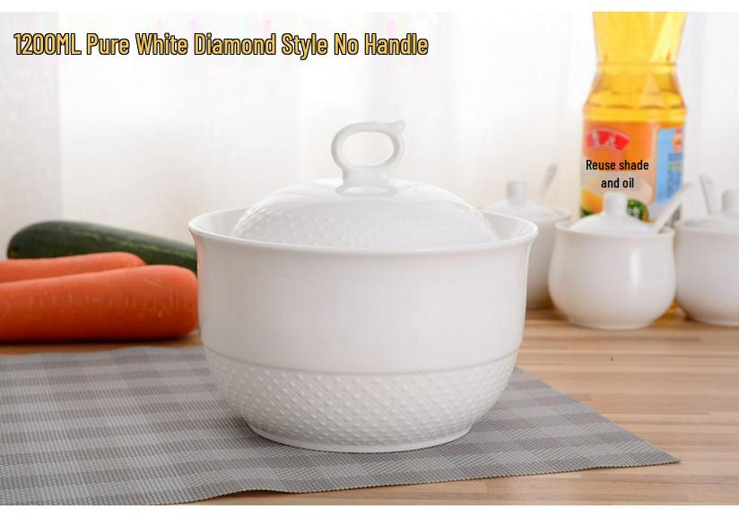 Embossed Ceramic Soup Pot with Lid, Bone China, 8-Inch Large Bowl for Home/Hotel Gift.