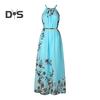 Damen-Maxikleid mit Blumenmuster, ärmellos, Neckholder, Chiffon, Midikleid, Sommer-Boho-Sommerkleid mit Gürtel für Urlaub, Hochzeit, Cocktail, Abschlussball, Party