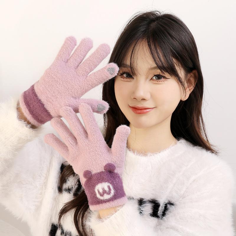 Cute Knitted Gloves Women Winter Thickened Warm Riding Electric Car Full Finger Students Writing Winter AY