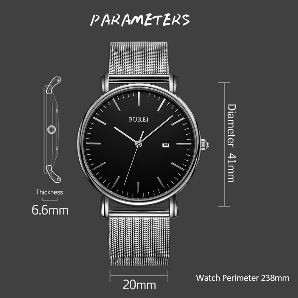 BUREI Men's Analog Quartz Watch Waterproof Date Black Simple Stylish Business Silver Milanese Mesh Band