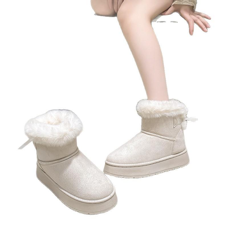 Fleece Thickened Snow Boots Winter New Thick-soled Fluffy Mouth Bow Warm Large-size Cotton Shoes