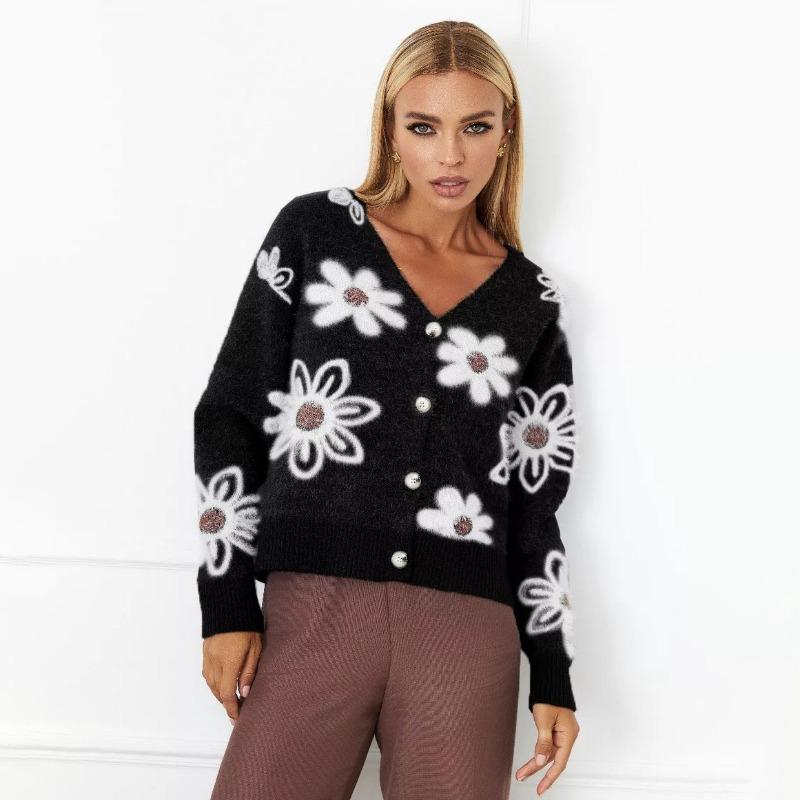 Damen Cropped Floral Jacquard V-Ausschnitt Dickstrick Cardigan Pullover Oberbekleidung