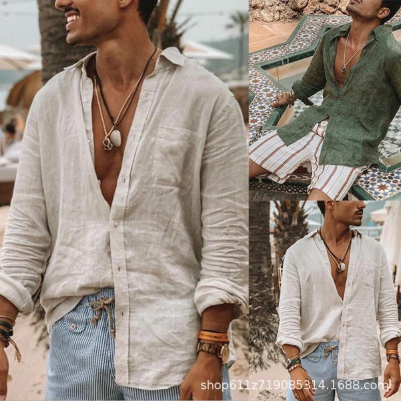 Mens Solid Color Loose Casual Long Sleeve Beach Shirt