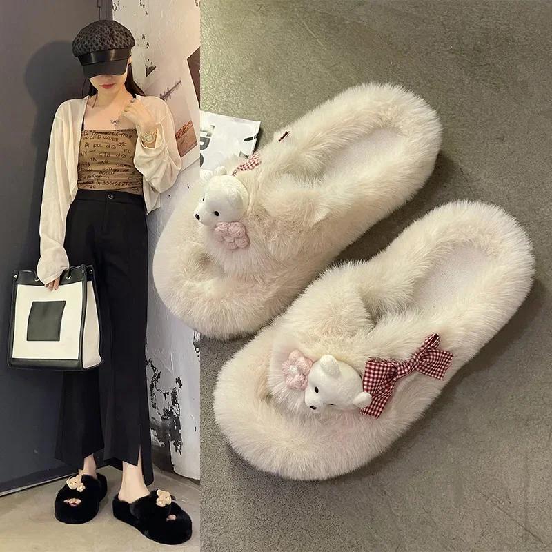 Papuci de Iarnă la Modă Femei Urs Drăguț Cruce Papuci cu Blană Pufoasă Diapozitive de Casă Platformă Plată Interior Podea Șlapi Femei Pantofi Dama88