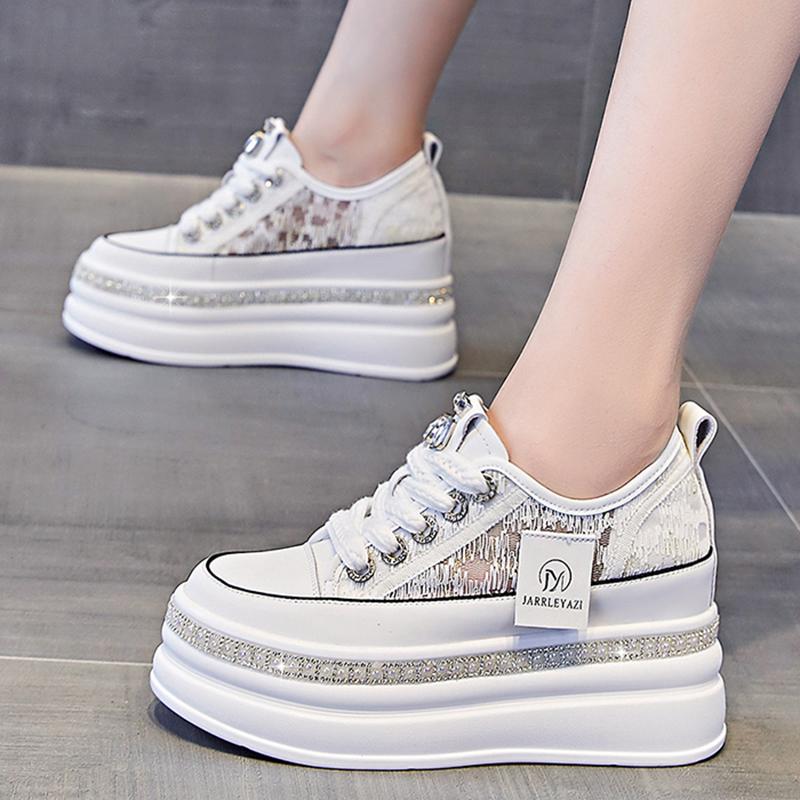 Women 8CM Platform Casual Outdoor Shoes Rhinestone Shine Decoration Sneakers Lace Up Walking Sport Breathable Thick Bottom Shoes