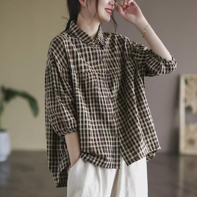Jesień Japonia i Korea Południowa Luźna Retro Bawełna i Len Duży Rozmiar Codzienna Koszula w Kratę