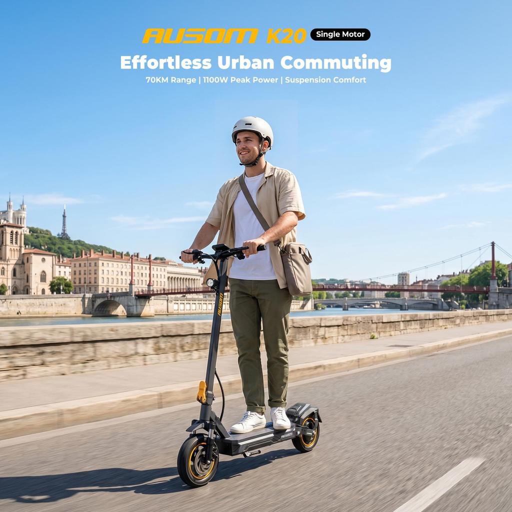 Folding Electric Scooter Ausom K20 1100W Peak Single Motor 648Wh Battery Capacity 20 km/h Default Top Speed 70 km Max Range