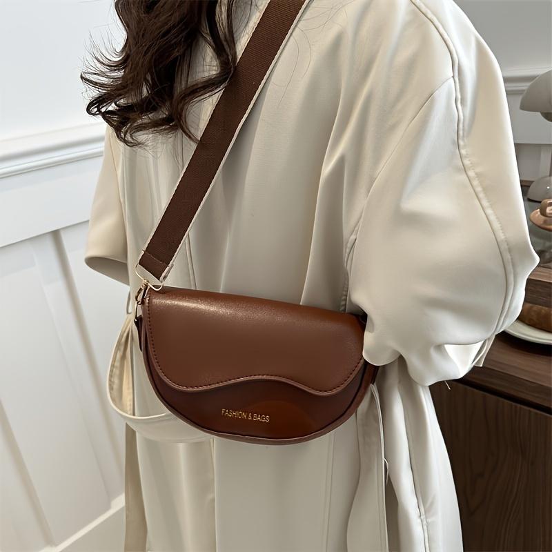 One Women's PU Fashion Saddle Bag Small Bag with Wide Shoulder Strap and Cover Closure Single Shoulder Crossbody Bag
