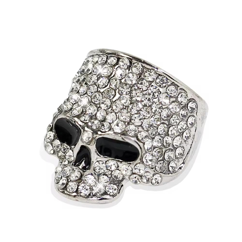 Fashion Punk Rhinestones Skull Rings Hiphop Glitter Silver Color Crystal Gothic Finger Ring for Women Men Party Jewelry Gift