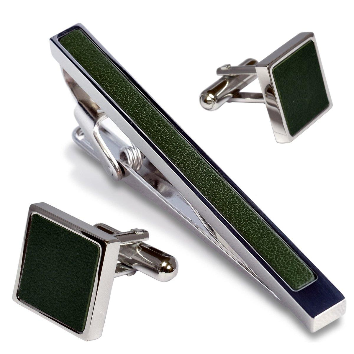 

Tie Pin Cufflink Set Genuine Leather Made in Japan Brass Tie Pin Cufflink [Tabarat] Men s (Dark Green) темно-зелений колір