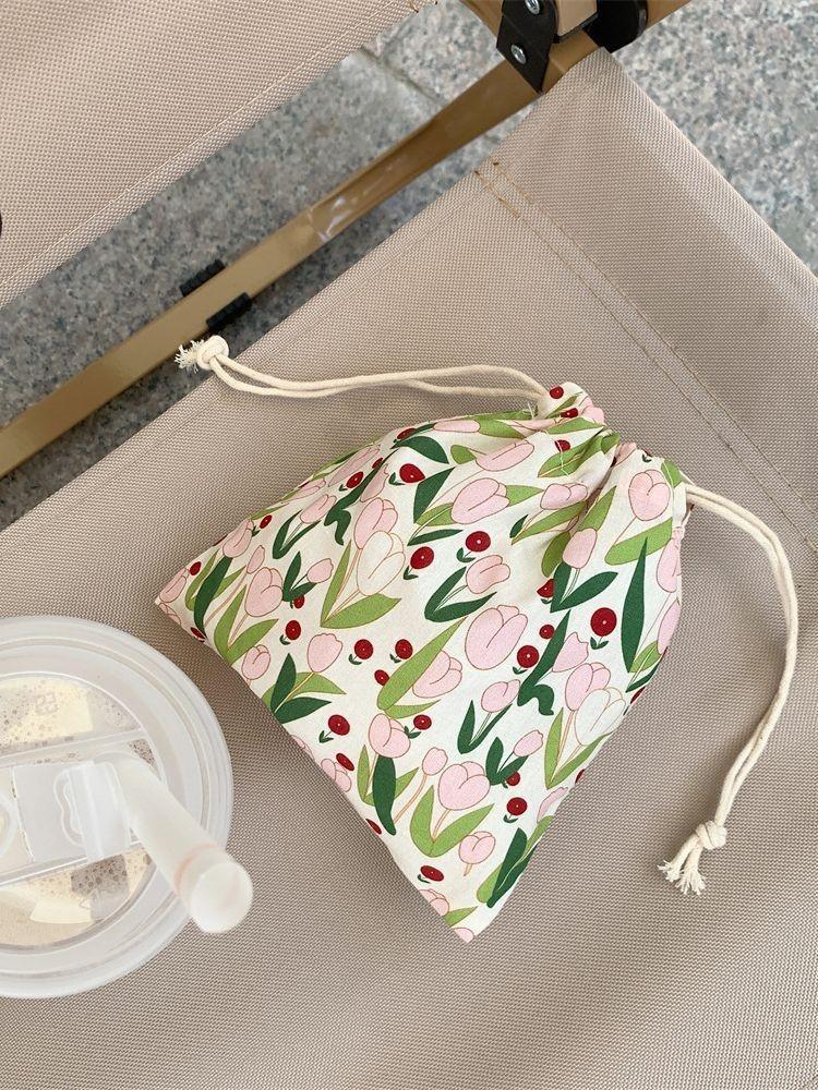 Adorable Tulip Drawstring Storage Bag Trendy Canvas Makeup Organizer Small Tote