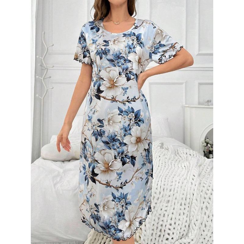 Velká velikost, Kulatý výstřih, Krátký rukáv, Modrý květ meruňky, Domácí oblečení, Noční košile, Šaty, Ležérní, Dámské oblečení s potiskem