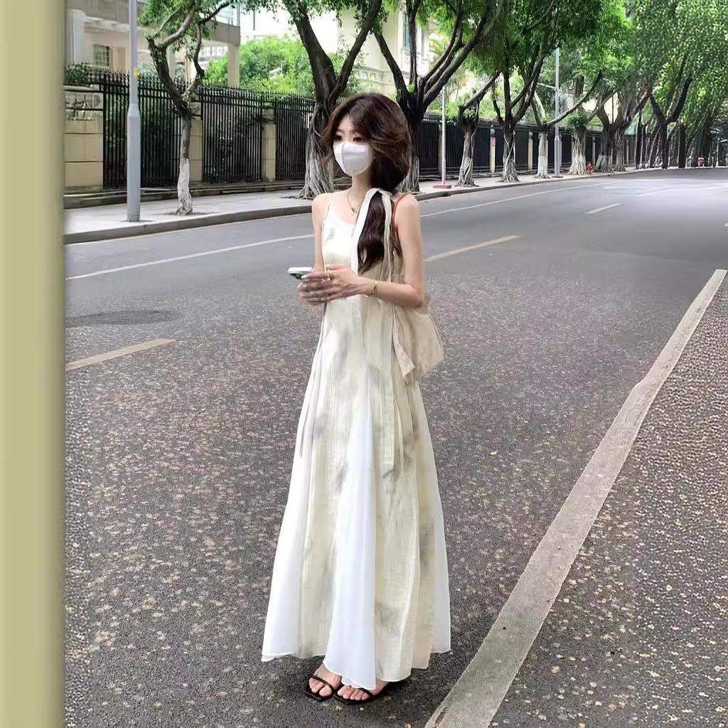 Vintage Ink Wash Print Slip Dress for Women, Summer Sophisticated and Elegant Waist-cinching Wide Hem Dress, A-line Long Dress