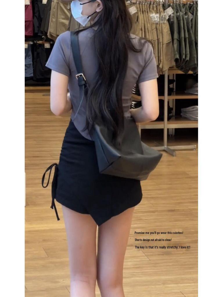 2025 Summer Khaki Women's Denim Drawstring Skirt Pants with Irregular Hem and Anti-Exposure Design