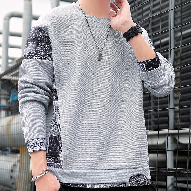 Waffle Fake Two-piece Men's Sweater Crew Neck Spring and Autumn Trendy Brand Cashew Flower Long Sleeve Design Sense Niche Clothes
