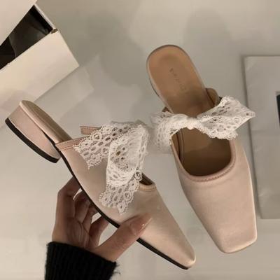 Fashion Women's Fashion Baotou Slippers Spring New Square Head Shallow Mouth Lace Butterfly Knot Anti-slip Wear-resistant Sandals