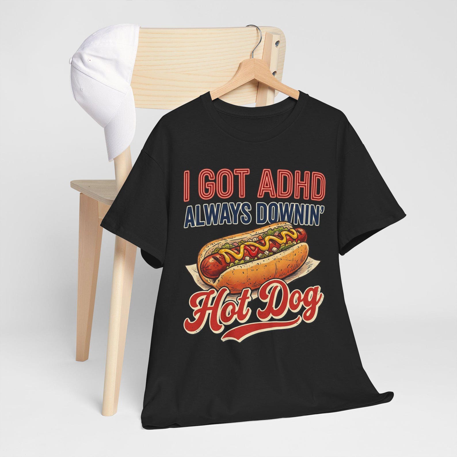 Always Downing Hot Dogs Vintage Humor T-Shirt; Chaotic Energy Tee; Retro Food Joke Top; ADHD Funny Quote Shirt M