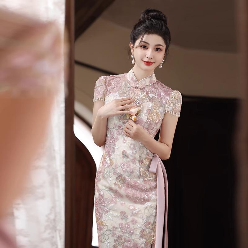

Elegant Qipao Bride Toasting Dress 2025: Luxurious High-End Engagement & Homecoming Skirt 2XL рожевий