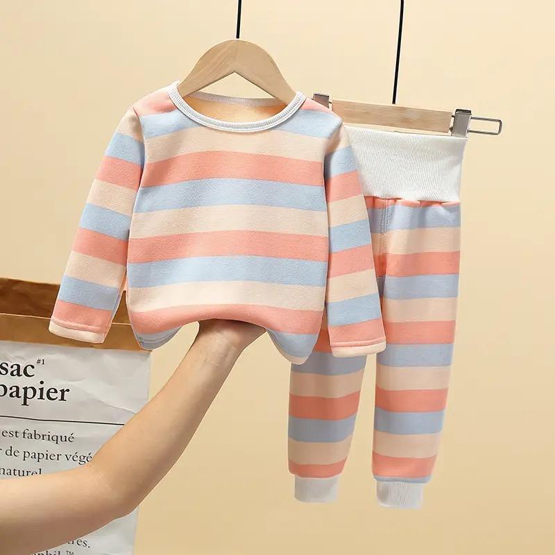 Autumn Winter Kids Pajamas Baby Boys Girls Striped Thicken High Waist Warm Clothing Sets Toddler Pajamas Sleepwear