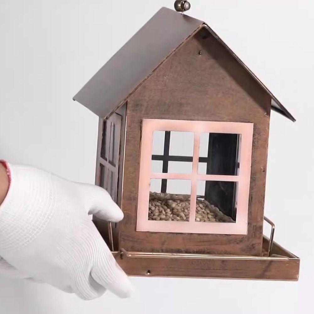Pet Supplies Hanging Bird Feeder Large Capacity Windproof Bird Food Bowl Metal House Shape Parrot Feeding Station Backyard