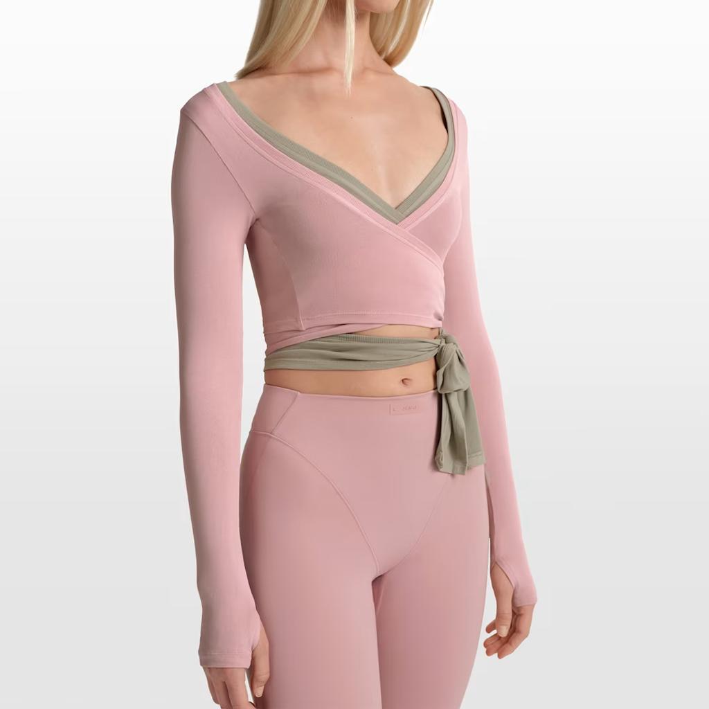 Nike X Skims Malha Elástica Manga Longa Transpassado Leve Decote V Cropped Top Feminino LSLSL10088W-HIM
