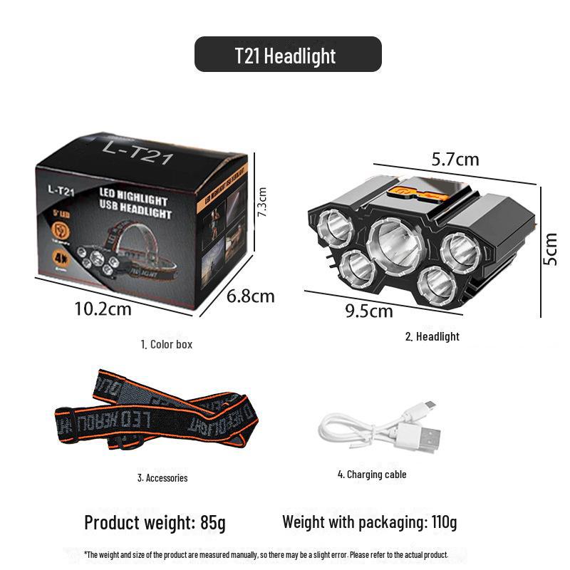 

Перезаряжаемый водонепроницаемый налобный фонарь на 5 светодиодов: Супер яркий, портативный для наружного освещения и рыбалки