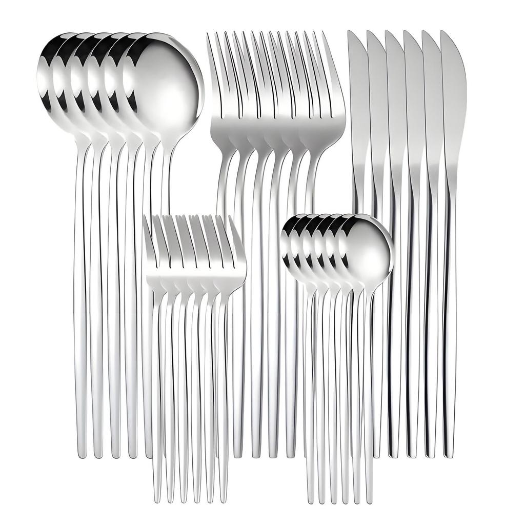 30Pcs Cutlery Set Stainless Steel Knife Fork Tea Spoon Dinnerware Set Western Golden Flatware Mirror Polishing Silverware Set