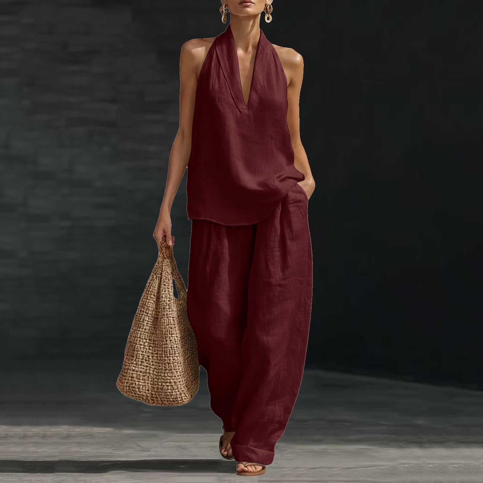 

Womens Two Piece Neck Top and Wide Leg Pants Set Loose Fit Sleeveless Casual Outfit for Summer Daily Wear L винный