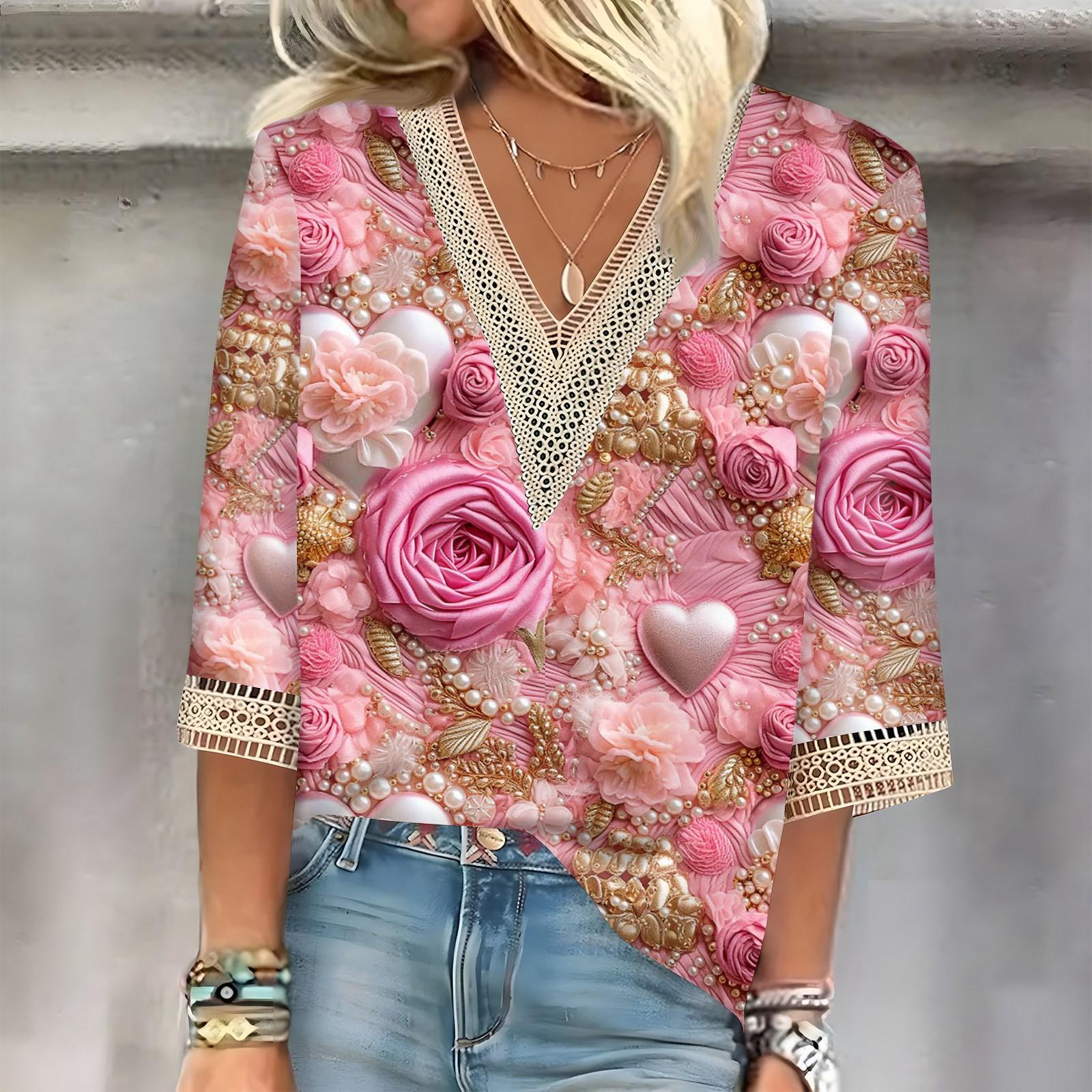 

Женский топ с рукавом три четверти, кружевной, с 3D-принтом ко Дню святого Валентина L бежевый