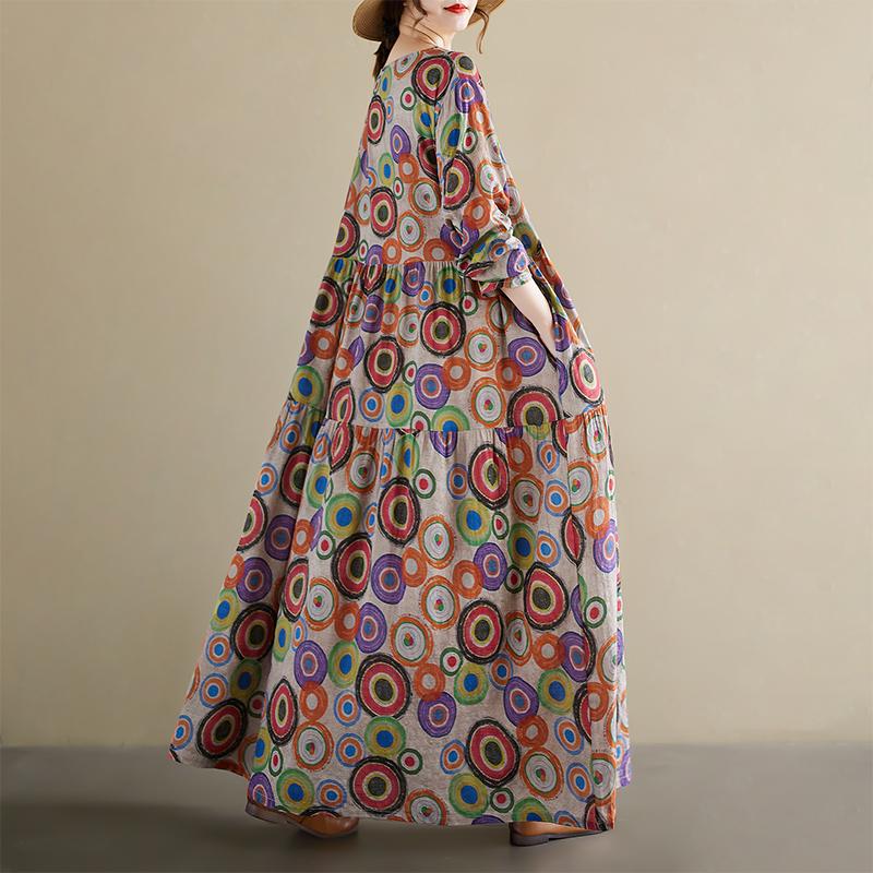 Dimanaf 2025 Women Plus Size Spring Long Dress Loose Basic Printing Vintage Casual Floral Oversize Long Sleeve Maxi