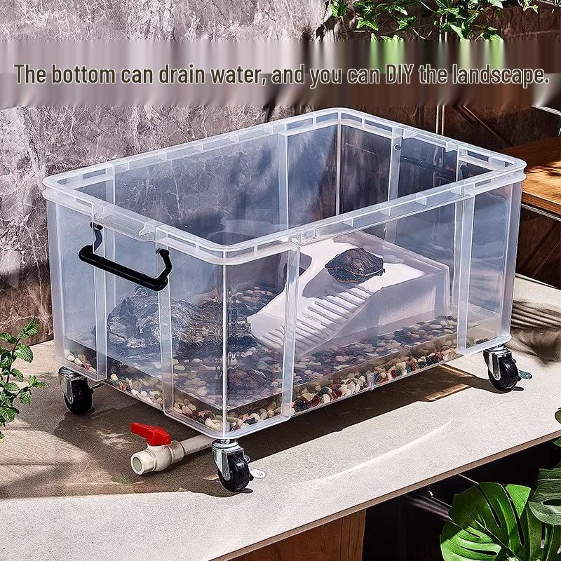 Large Turtle Tank with Lid and Drainage, Filtration, and Landscaping Features - Plastic Ecological Box Aquarium