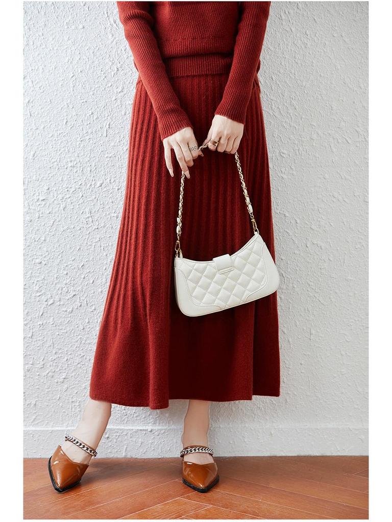 100% Wool Drapey A-Line Pleated Midi Skirt - Slimming and Large Swing Design for Spring and Autumn