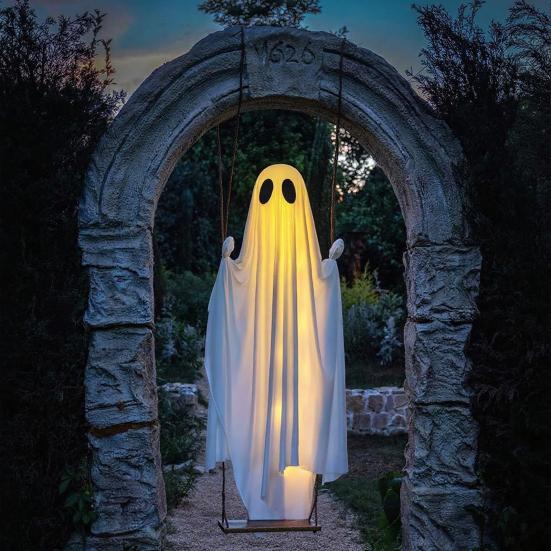 Yousheng Hanging Swinging Ghost Decor Halloween Large Swing Ghost with String Lights Outdoor Spooky Light Up White Ghost for Front Porch Yard Tree