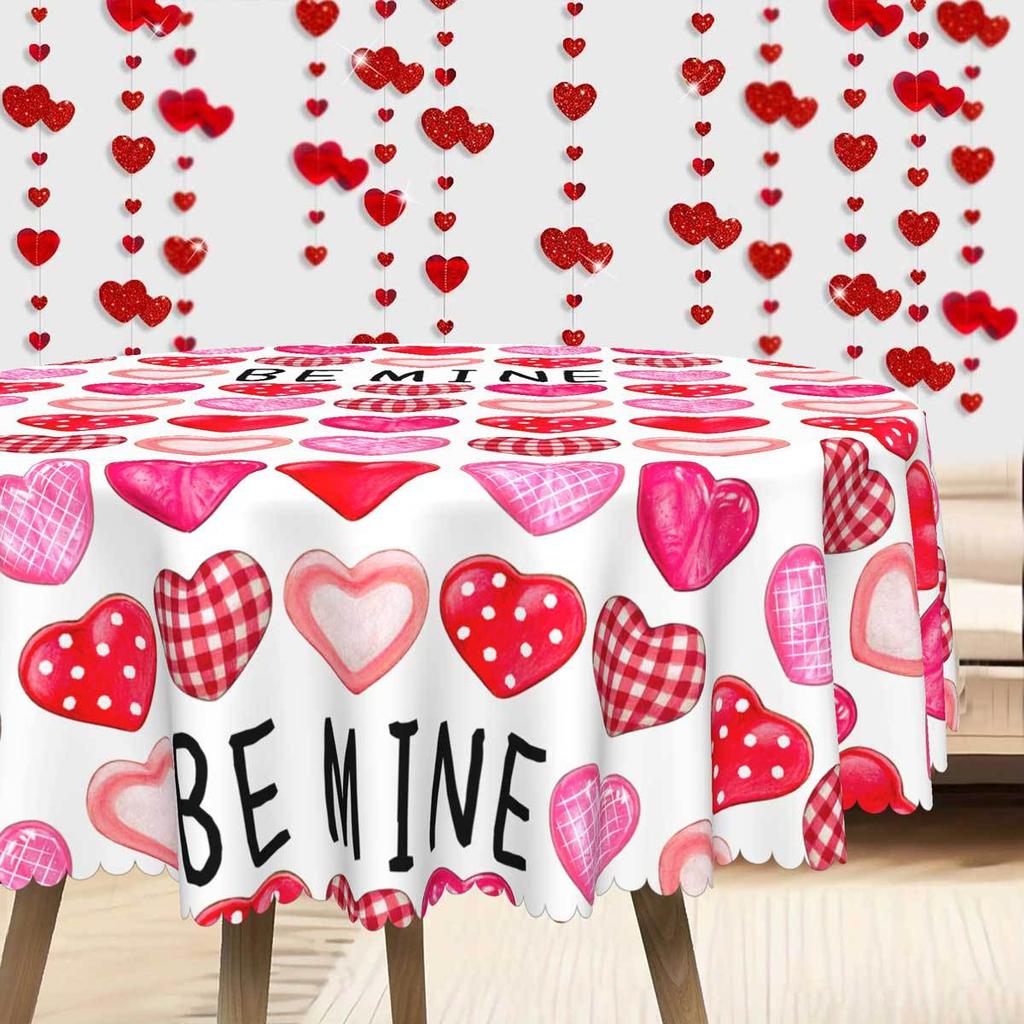 Pink Heart-Shaped Pattern Round/Rectangular Tablecloth, Valentine'S Day Wedding Table Cloth, Waterproof Leave-In Coffee Table Cover