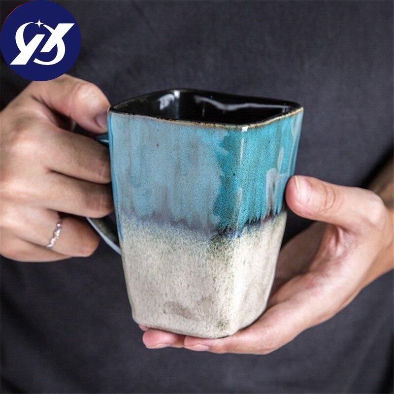 Creative Flow Glaze Square Coffee Mug With Spoon and Lid Retro Tea Cup Simple Household Matte Color Ceramic Milk Water Cup Gift
