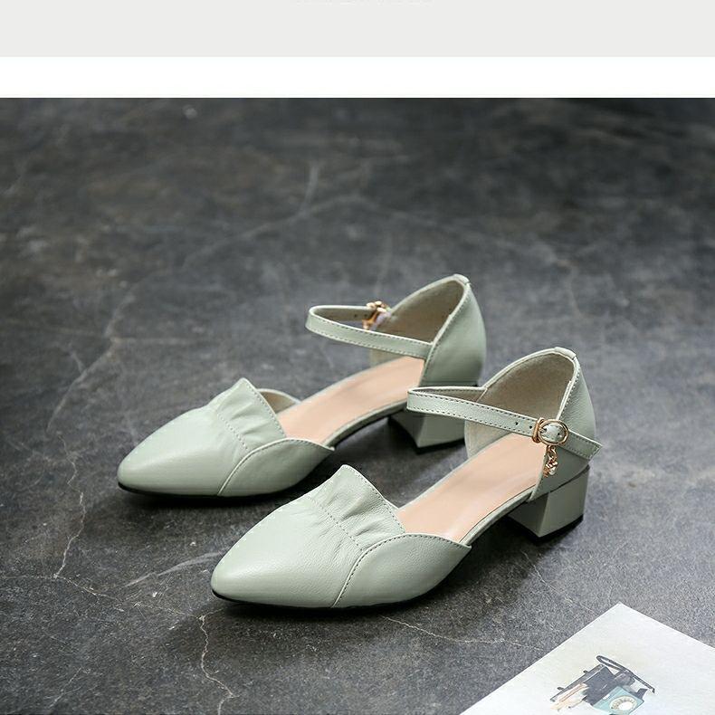 

2025 Soft Leather Closed-Toe Pointed Sandals: Women s Medium-Heel One-Strap Hollow Design for Spring and Autumn 36 зелений